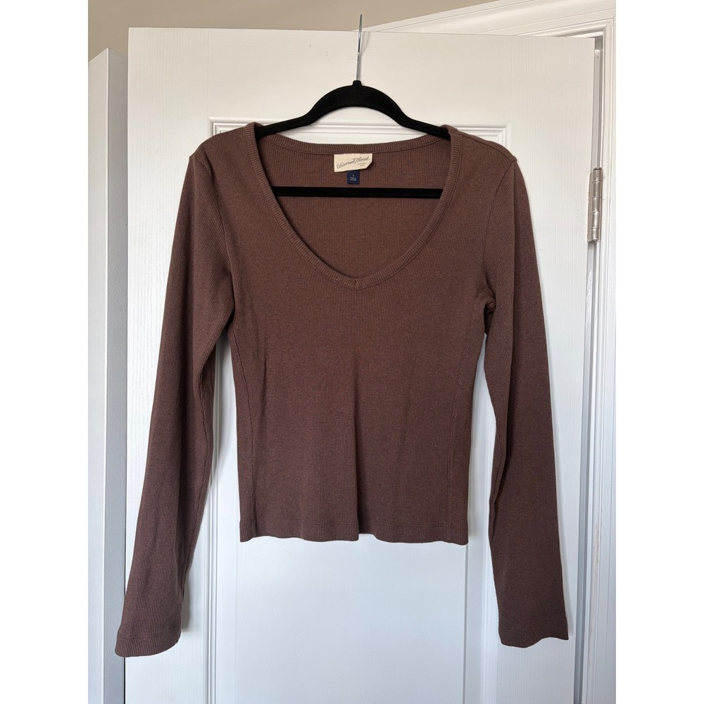 Universal Thread Brown Ribbed V-Neck Long Sleeve Top Small RN17730 VN1031395